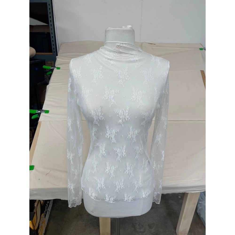 White Floral Lace Mesh Mock Neck Long Sleeve Sheer Top Small Lettuce Edge